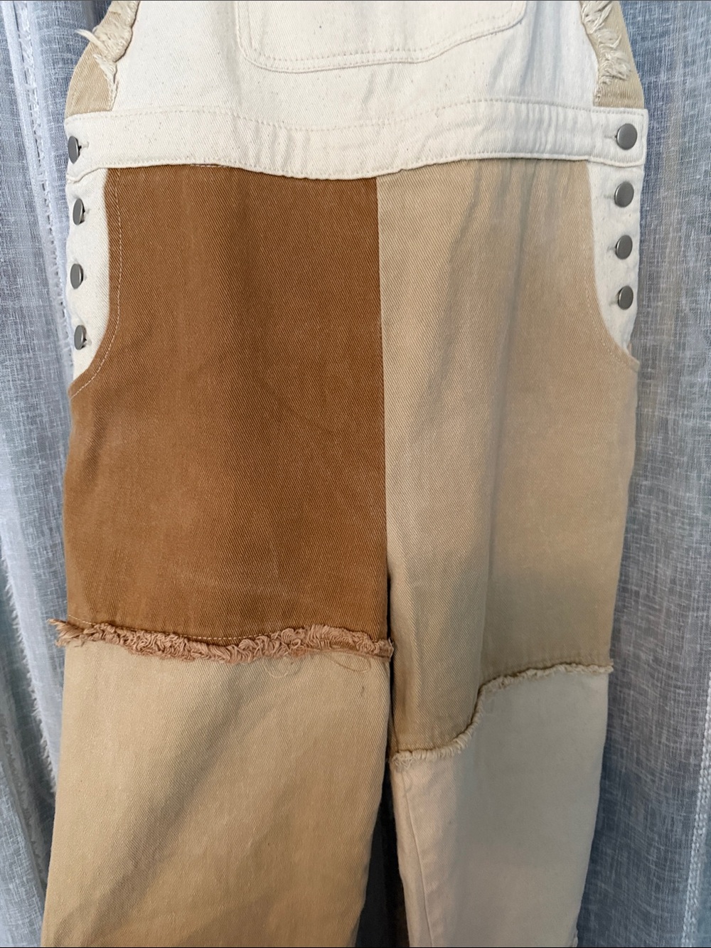 Blue Blush Patchwork Cotton Denim Patchwork Boho Large Overalls - Neutral Multi - Picture 6 of 12